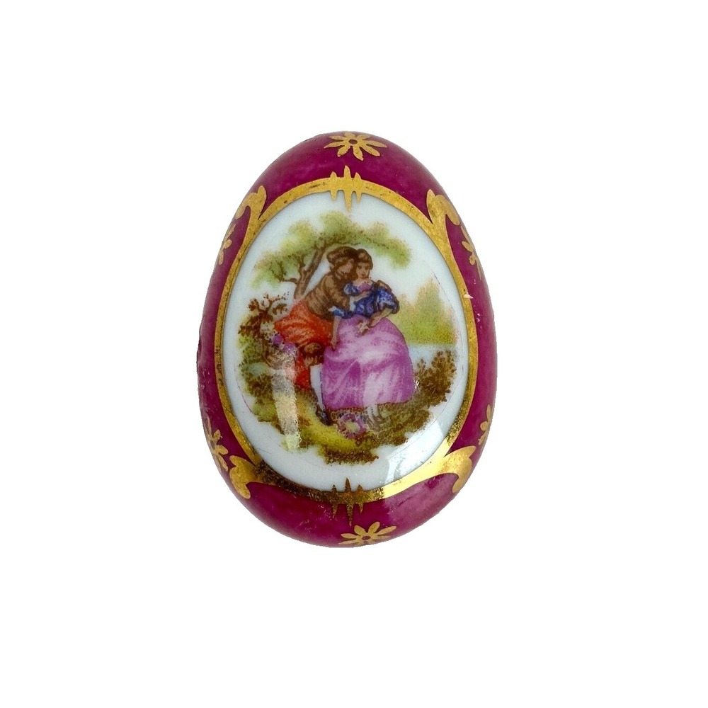 Vintage Limoges Pink Egg Box, Victorian Couple 2" Gold Decor, Box Opens, French